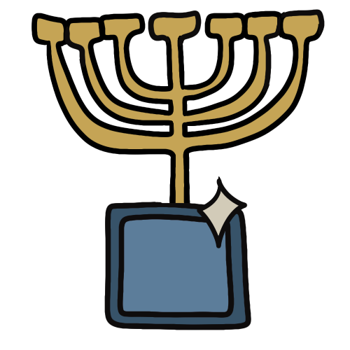 a gold temple menorah above a blue box with a small diamond shaped shine symbol on it.